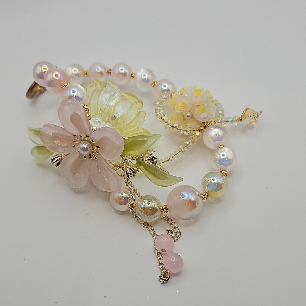 Floral Pearl Phone Chain with Pink and Yellow Accents